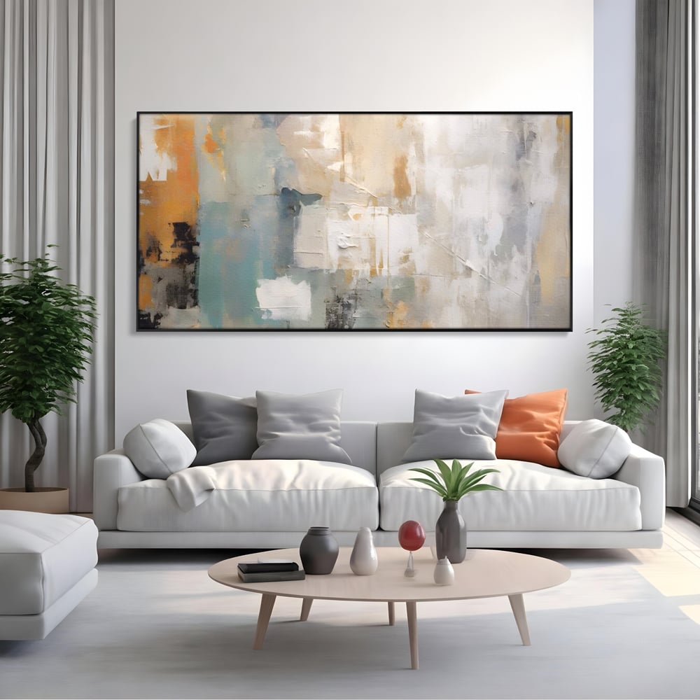 Tablou canvas cu pictura abstracta cu texturi alb, gri si turcoaz, in rama de aluminiu negru, pe perete intr-un living